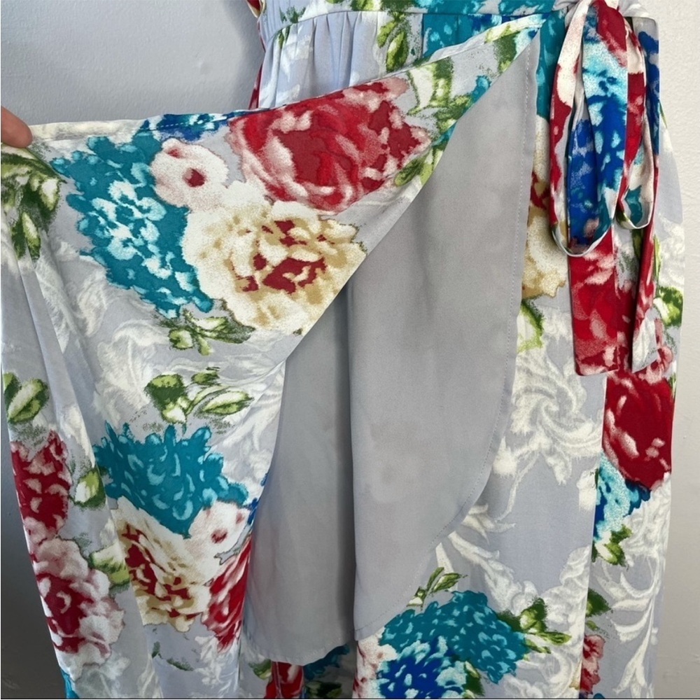 JUNE & HUDSON Blue Floral Wrap Front High Low Midi Long Dress Size Small - Picture 7 of 9